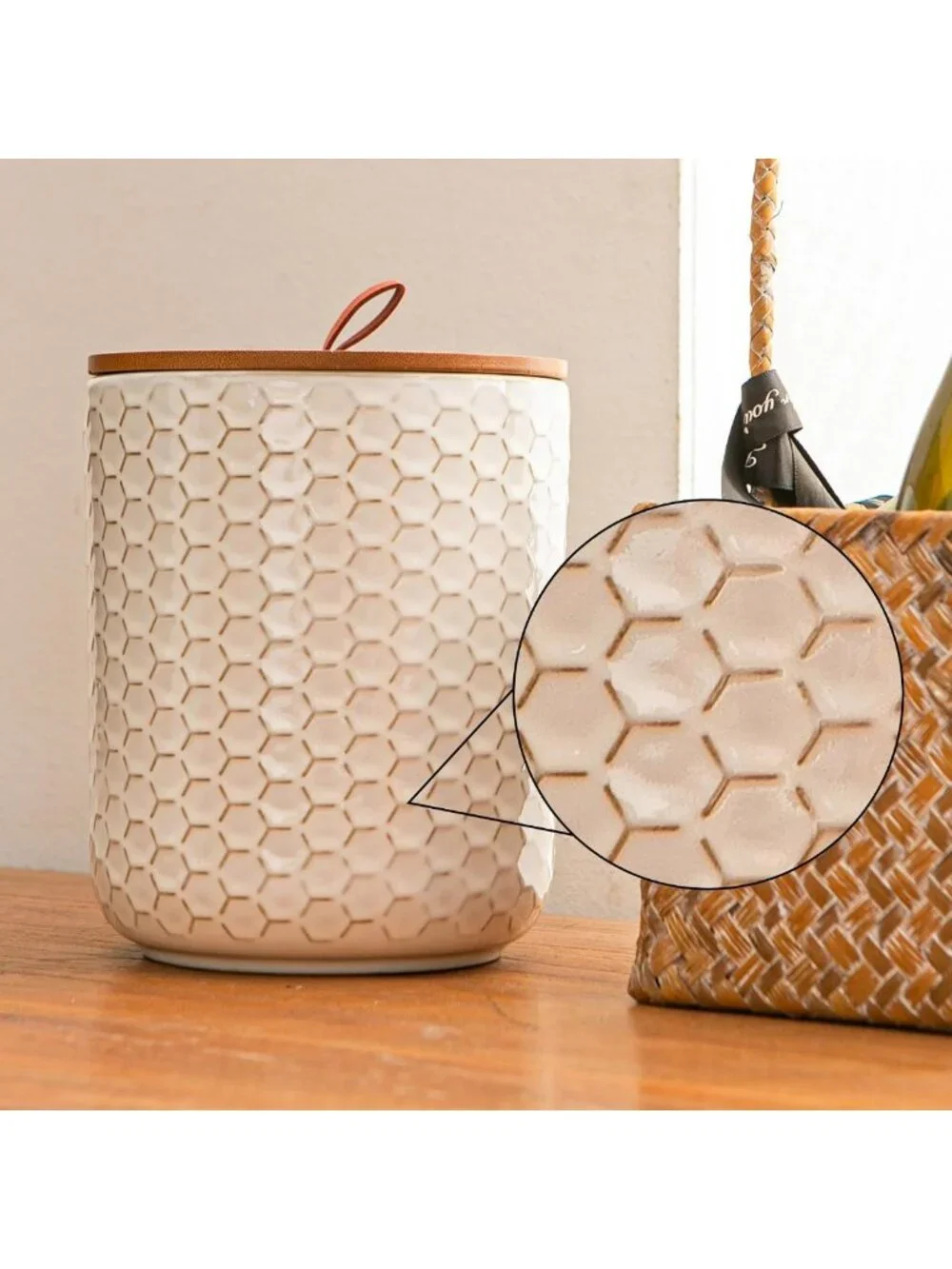 Airtight White Ceramic Canister Set with Wooden Lids - 3-Piece Kitchen Storage